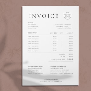 Puede incluir: Una plantilla de factura minimalista con fondo blanco y texto negro. La factura incluye una sección de facturación, descripción, costo unitario, cantidad, monto, descuento, impuesto y monto total adeudado. La factura también incluye información de pago, como el nombre de la cuenta bancaria, el número de cuenta, el número de ruta y el nombre del banco/código SWIFT.