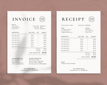 May include: A black and white invoice and receipt template with the words "Invoice" and "Receipt" at the top. The template includes sections for billing information, description, unit cost, quantity, amount, payment information, and notes.
