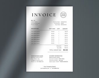 Könnte beinhalten: Eine schwarz-weiße Rechnungsvorlage mit dem Wort "INVOICE" oben. Die Rechnung enthält einen Abschnitt "Rechnung an", einen Abschnitt "Beschreibung", einen Abschnitt "Einheitspreis", "Menge" und "Betrag", einen Abschnitt "Rabatt" und "Steuer" sowie einen Abschnitt "Gesamtbetrag fällig". Die Rechnung enthält auch einen Abschnitt "Zahlungsinformationen" mit dem Namen des Bankkontos, der Kontonummer, der Bankleitzahl und dem Namen der Bank/SWIFT.