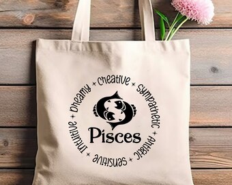 Pisces Tote Bag, Canvas Bag For Women, Birthday Gift, Happy Birthday, February Birthday, March Birthday, Zodiac Gift, Pisces Gifts For Her