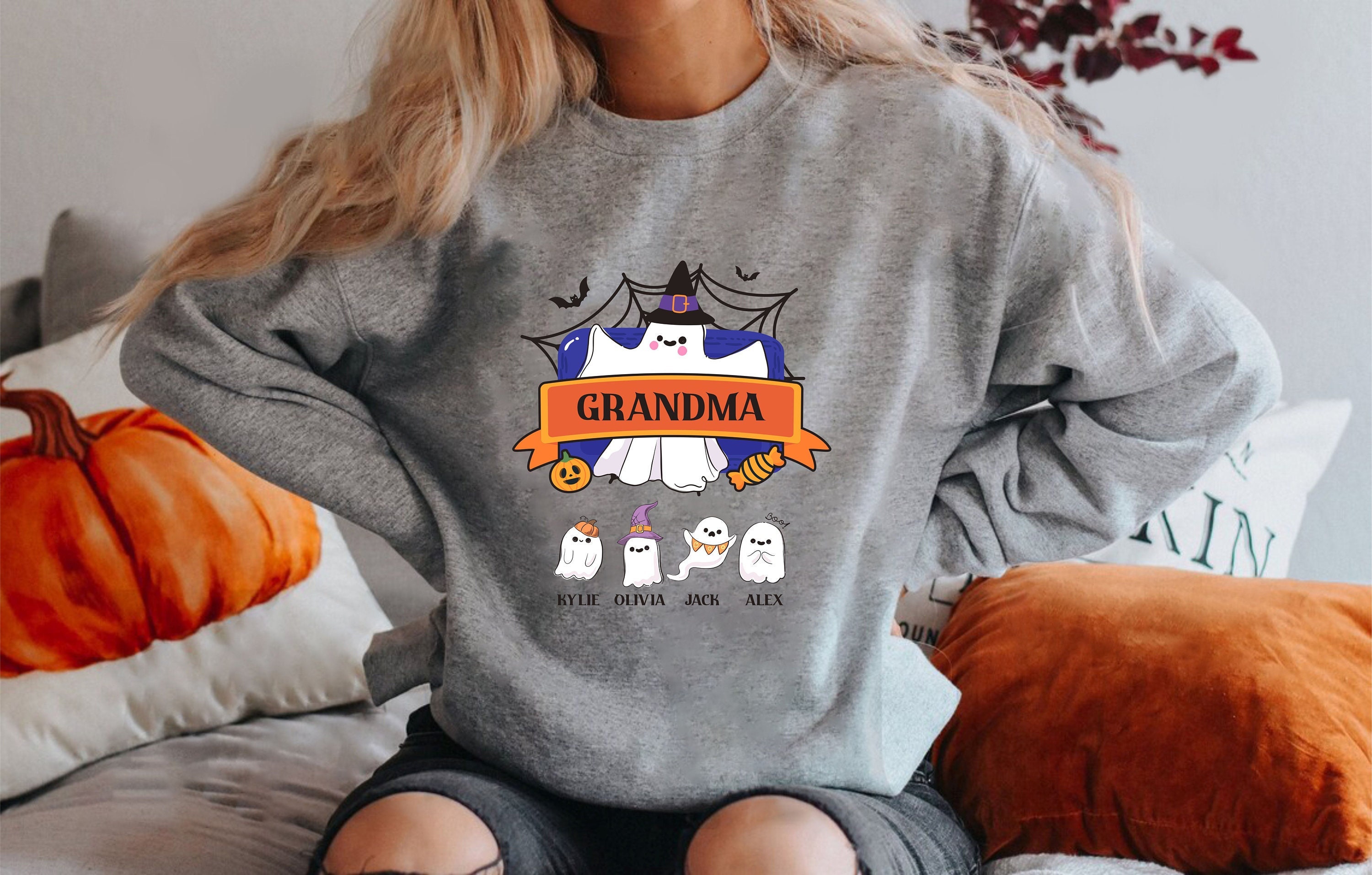 Discover Personalized Grandma Halloween Sweatshirt, Custom Grandkids Names Halloween Sweater, Trick Or Treat, Spooky Mimi Gift, Family Ghouls Shirt