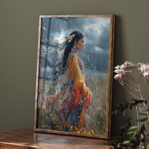 Väggkonst med indianer, premiumposter med gudinnan Atahensic, irokesisk himmelsgudinna, mytologi med indiankonst, gudomlig feminin konst