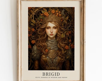 Brigid keltisk gudinna av visdom och poesi, renässansmålning väggkonst, keltisk mytologidekor, bokomslagsdesign