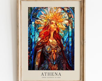May include: A stained glass style illustration of Athena, the Greek Goddess of War. The image features a woman with red hair and a crown of golden rays. She is wearing a blue and gold armor and a red robe. The background is a stained glass window with blue, yellow, and red colors.