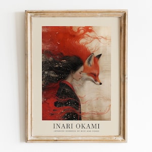 Inari Okami Japanische Göttin des Reises und der Füchse, Tonalismus-Stil, Shinto-Wandkunst, Inari-Druck, Fox Spirit, japanische Mythologie, Okami-Druck