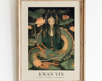 Kwan Yin Chinese Goddess of Compassion, Guan Yin Printable, Quanyin Poster, Art Nouveau Painting Wall Art Print, Chinese Mythology Decor