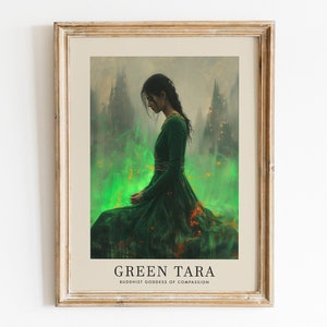 Tara Green Buddhist Goddess of Compassion, Tonalism Style, Green Tara Print, Tibetan Deity Meditation, Divine Feminine Art, Buddhism Altar