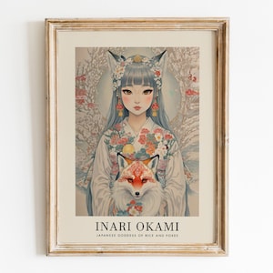 Inari Okami Japanese Goddess of Rice and Foxes, Shinto, Kitsune, Asian Goddess, Japanese Mythology, Wall Art Print, Fox Spirit