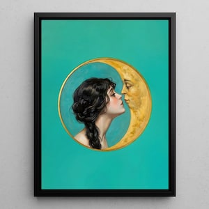Vrouw kust de maan | Dear Old Dixie Moon (1920) Digitale remastering | Vintage hemelse print | Art-nouveauafdruk | Grillig decor