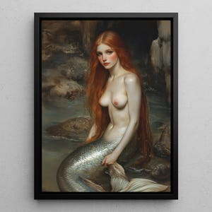 Fantasy Framed Canvas Art, Mermaid Wall Art, Mythological Creature, Siren Print, Mermaid Oil Painting, Interior Design, Fantasy Home Decor