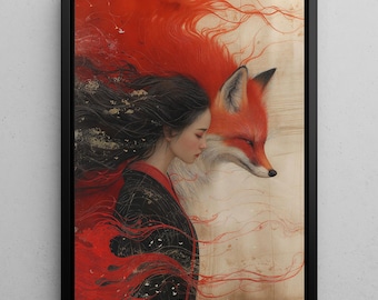 Göttin Inari Okami gerahmte Leinwand, japanische Göttin der Füchse, gerahmte Kunst, Leinwandmalerei, schwebender Rahmen, japanische Mythologie, Kunst, Wohnkultur