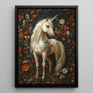 Unicorn William Morris Framed Canvas Art, Mythological Creatures Print Floral Wall Art, Fantasy Creature Spirit, Fantasy Art Nouveau Print