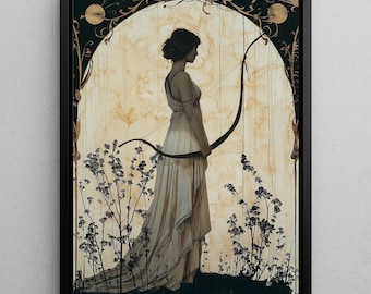 Artemis gerahmt Leinwand Jugendstil, gerahmte Kunst, Leinwandmalerei, griechische Göttin der Jagd, Floating Frame, griechische Mythologie, gerahmte Wandkunst
