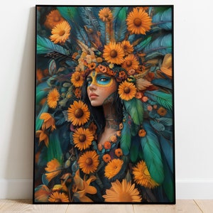 Poster Premium Xochiquetzal, Dea azteca dell&#39;amore, della bellezza e dei fiori, Arte murale fantasy, Mitologia azteca, Mitologia messicana, Uccello Quetzal