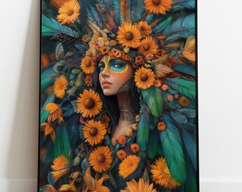 Xochiquetzal Premium Poster, Aztec Goddess of Love, Beauty and Flowers, Fantasy Wall Art, Aztec Mythology, Mexican Mythology, Quetzal Bird