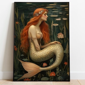 Mermaid Premium Matte Poster, Mythological Creature, Mermaid Wall Art William Morris Print, Fantasy Art Decor, Siren Wall Art Nouveau Print