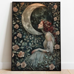 Decoración Dark Cottagecore, Selene, diosa griega de la luna, impresión Art Nouveau, William Morris, arte mural floral, arte de fantasía, arte mural de moda