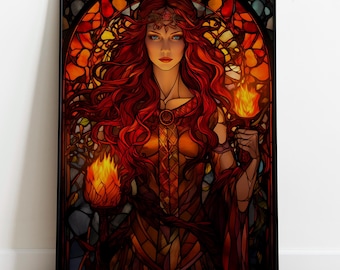 Brigid Goddess Wall Art | Celtic Mythology Fire Print | Stained Glass Style Decor | Imbolc & Poetry Gift | Redhead Witchy Art