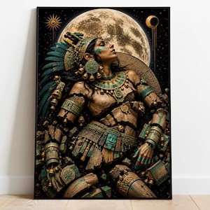 May include: A framed wall art print depicting a stone-textured figure adorned with turquoise and gold jewellery, a feathered headdress, and intricate carvings. The figure is set against a dark starry background featuring a large full moon and sun.
