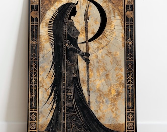 Nephthys gudinnakonst | Egyptisk mytologi | Sepia gotiskt tryck | Vintage etsningsaffisch | Dark Academia dekor | Night Guardian