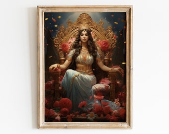 Lakshmi Hindu Goddess of Wealth, Fortune, Beauty, Fertility and Prosperity, Wall Art, Chromolithograph, Hindu Deity Decor, Digital Print Art