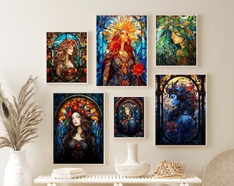 Greek Goddesess Set of 6 Prints, Hecate | Hekate, Athena, Nyx, Artemis, Hestia, Persephone, Greek Mythology, Goddess Artwork, Stained Glass