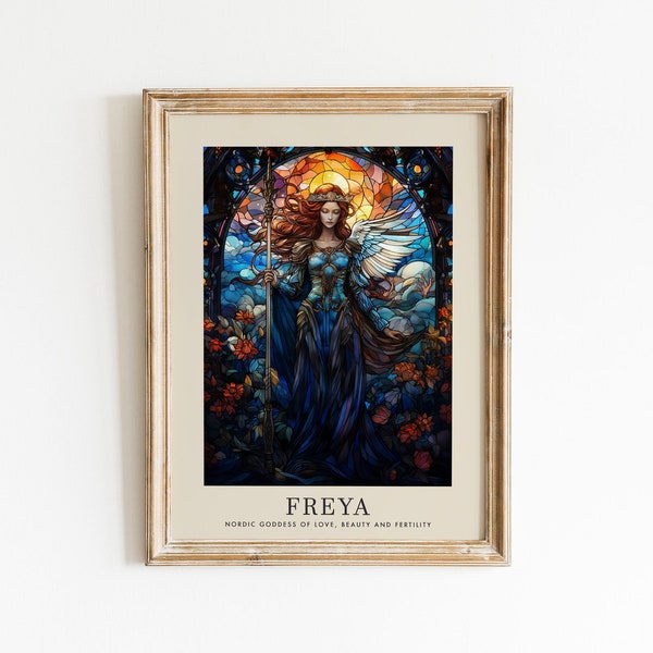 Goddess Freya Art Print, Nordic Goddess of Love, Beauty and Fertility, Wall Art Stained Glass Painting style, Divine Feminine Art, Norse Art