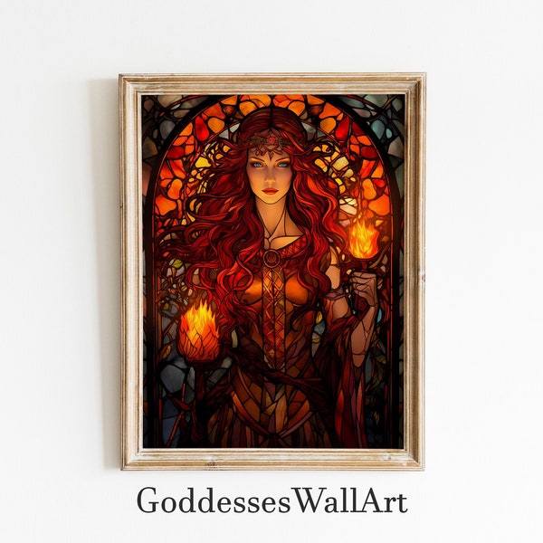 Impression d'art déesse Brigid, déesse celtique du feu et de la forge, mythologie celtique, style de peinture sur vitrail art mural, art féminin divin