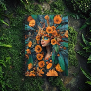 May include: Spiral-bound notebook featuring a vibrant illustration of a woman adorned with sunflowers and feathers. The artwork showcases a face with colorful makeup, set against a backdrop of green and teal hues. The notebook's design is eye-catching and artistic.