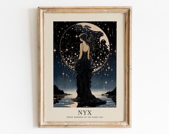 Nyx Art Print, Greek Goddess of the Night Sky Print, Mythology Wall Art, Art Nouveau, Mythology Art Print, Divine Feminine Art Home Decor