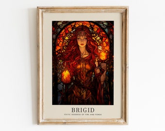 Goddess Brigid Art Print, Celtic Goddess of Fire and Forge, Celtic Mythology, Wall Art Stained Glass Painting style, Divine Feminine Art