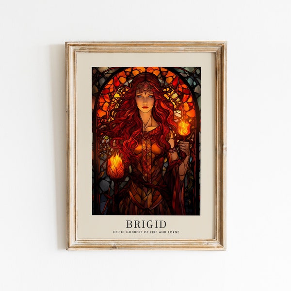 Goddess Brigid Art Print, Celtic Goddess of Fire and Forge, Celtic Mythology, Wall Art Stained Glass Painting style, Divine Feminine Art