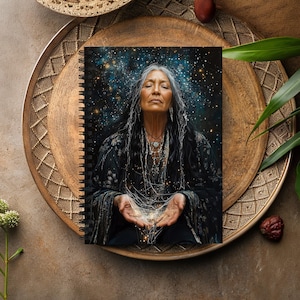 May include: Spiral-bound notebook featuring an illustration of a woman with long gray hair, eyes closed, hands outstretched, and a starry background. The notebook is on a decorative wooden tray with a woven design.