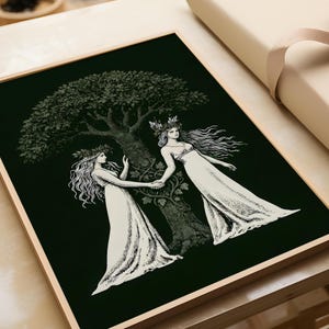 Aine and Grian Wall Art | Celtic Mythology Print | Solstice Tree of Life Decor | Celtic Sisters Canvas | Pagan Wall Art