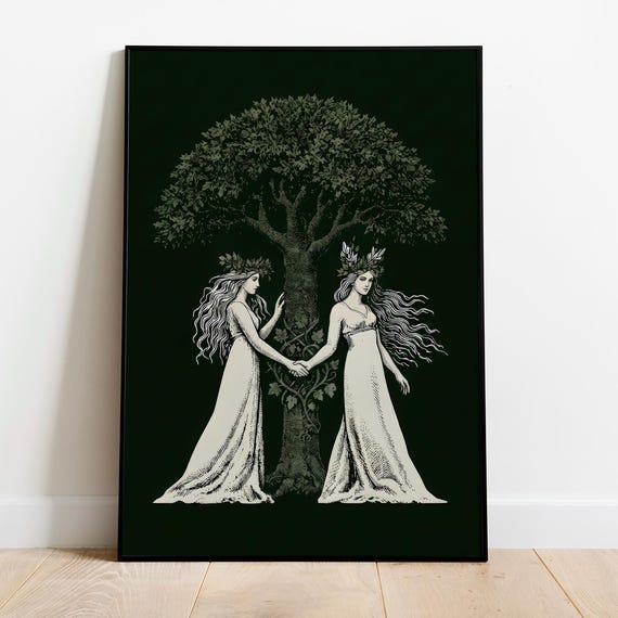 Aine and Grian Wall Art | Celtic Mythology Print | Solstice Tree of Life Decor | Celtic Sisters Canvas | Pagan Wall Art