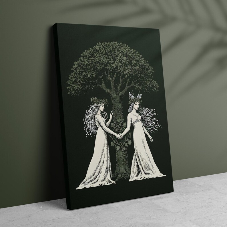 Aine and Grian Wall Art | Celtic Mythology Print | Solstice Tree of Life Decor | Celtic Sisters Canvas | Pagan Wall Art