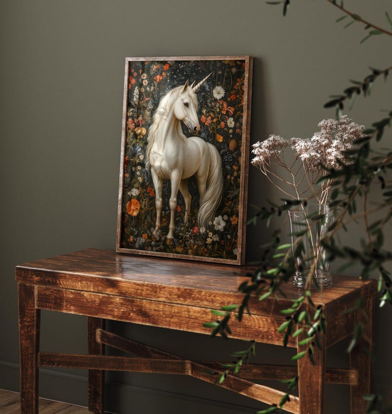 Unicorn Wall Art | Magical Creature Print | Botanical Garden Decor | William Morris Vintage Florals | Whimsical Fantasy Horse Gift