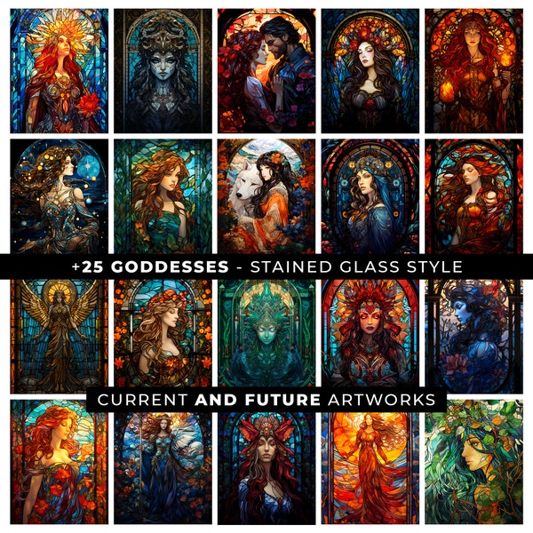 Stained Glass Style Goddesses Art, Bundle Digital Art Set Print, Divine Female, Mythology Wall Decor, Curated Gallery Wall Art