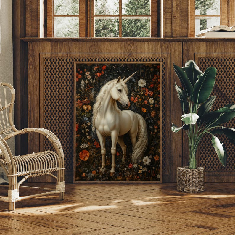 Unicorn Wall Art | Magical Creature Print | Botanical Garden Decor | William Morris Vintage Florals | Whimsical Fantasy Horse Gift