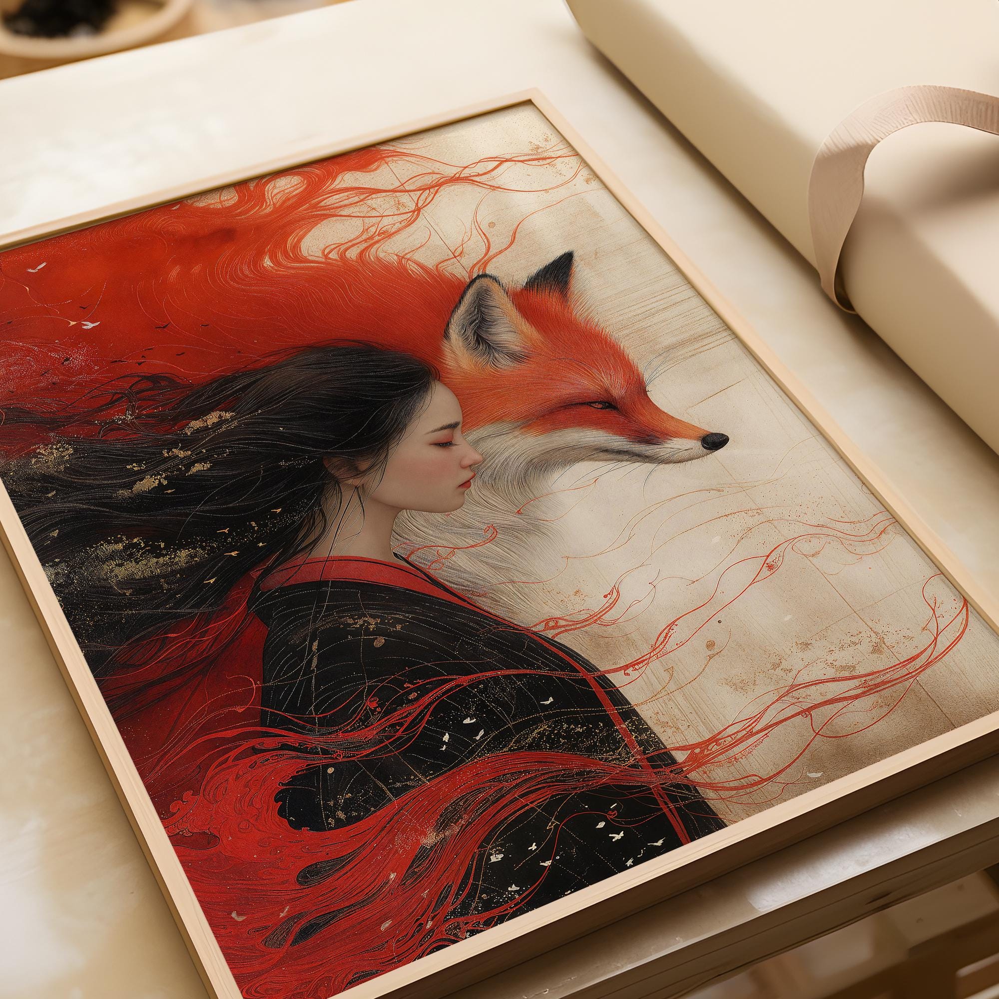 Inari Okami Japanese Goddess of Rice and Foxes, Tonalism Style, Shinto ...