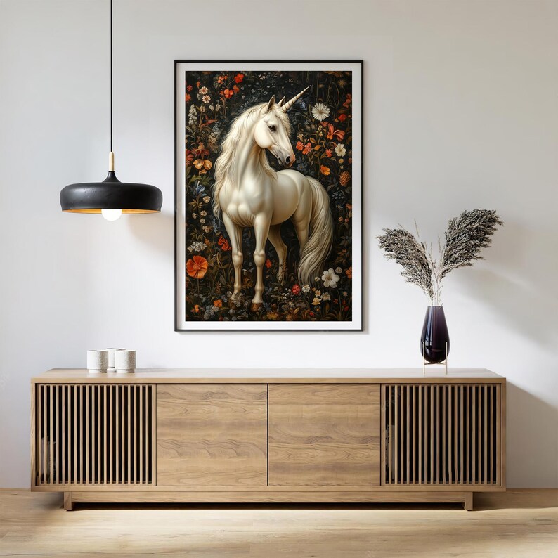 Unicorn Wall Art | Magical Creature Print | Botanical Garden Decor | William Morris Vintage Florals | Whimsical Fantasy Horse Gift