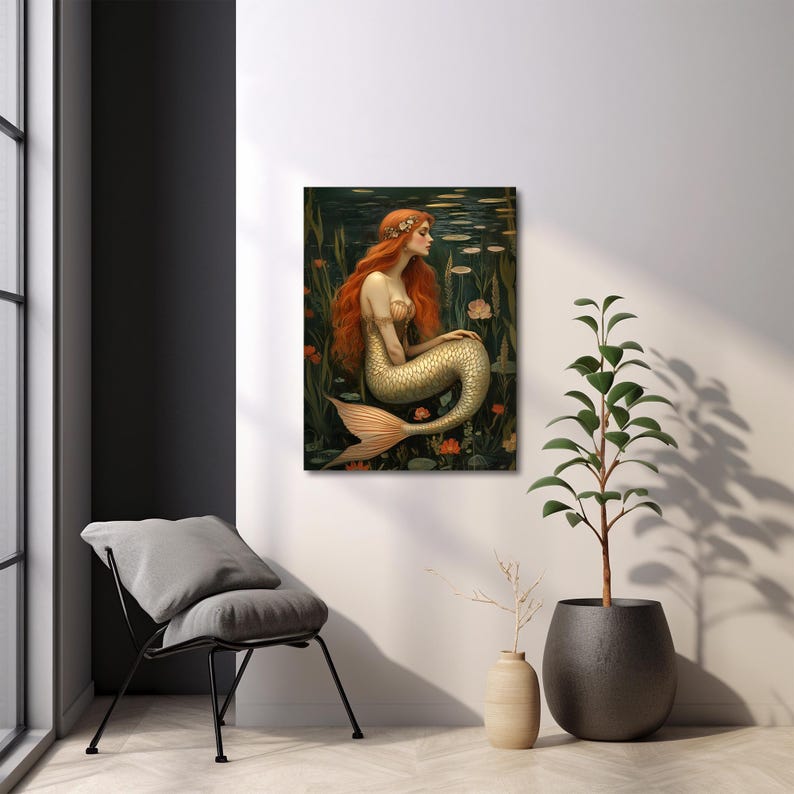 Mermaid Canvas Art Nouveau Print, Mermaid Wall Art William Morris Print, Canvas Decor, Fantasy Art, Siren Wall Art, Mythological Creature