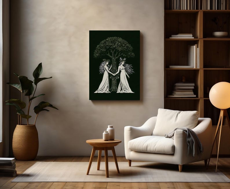 Aine and Grian Wall Art | Celtic Mythology Print | Solstice Tree of Life Decor | Celtic Sisters Canvas | Pagan Wall Art