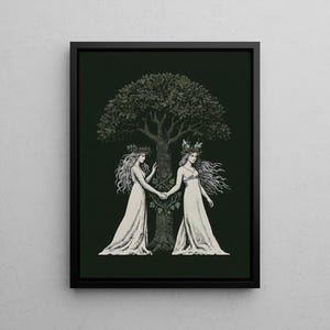 Aine and Grian Wall Art | Celtic Mythology Print | Solstice Tree of Life Decor | Celtic Sisters Canvas | Pagan Wall Art