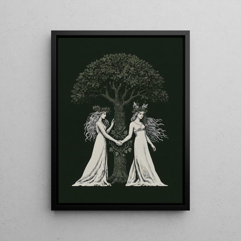 Aine and Grian Wall Art | Celtic Mythology Print | Solstice Tree of Life Decor | Celtic Sisters Canvas | Pagan Wall Art