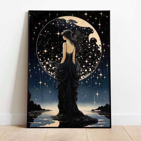 Goddess Nyx Art Nouveau Print, Greek Goddess of Night Sky, Greek Mythology Premium Poster Mythology Wall Art, Divine Feminine Art Home Decor