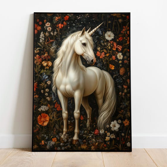 Unicorn Wall Art | Magical Creature Print | Botanical Garden Decor | William Morris Vintage Florals | Whimsical Fantasy Horse Gift