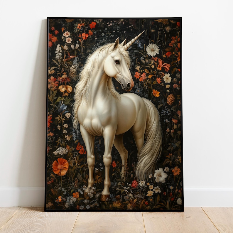 Unicorn Wall Art | Magical Creature Print | Botanical Garden Decor | William Morris Vintage Florals | Whimsical Fantasy Horse Gift