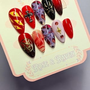 Uñas postizas personalizadas hechas a mano con temática de Lucifer, el demonio de Hazbin Hotel imagen 1