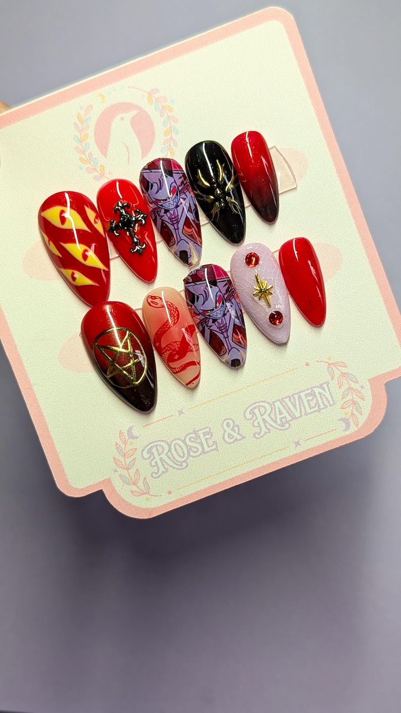 Uñas postizas personalizadas hechas a mano con temática de Lucifer, el demonio de Hazbin Hotel imagen 1